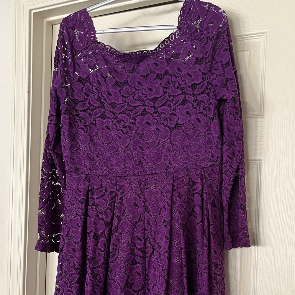 Gigileer Lace Formal Holiday Royal Purple lined Pleated Zipper Dress Vintage XL